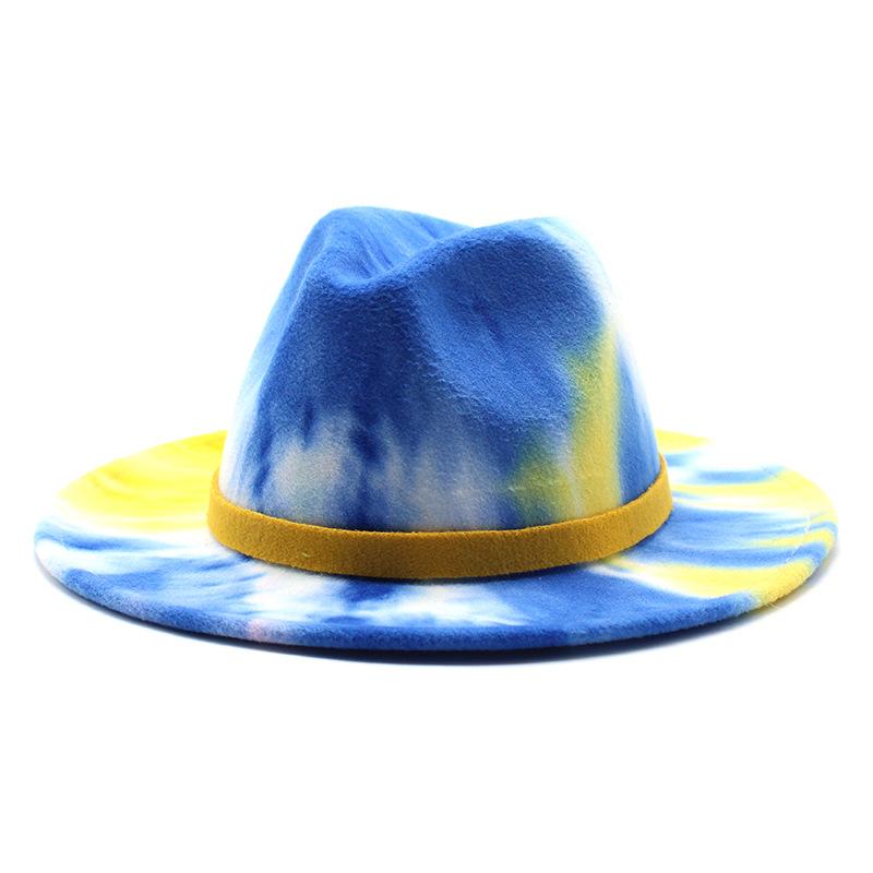 Ji Nan Ladies Tie-Dyed Rainbow Wool Top Hat, Flat-Brimmed Jazz Hat Felt Hat
