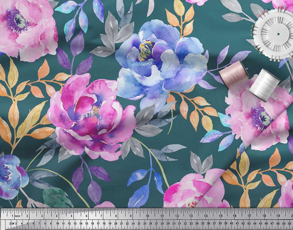 Soimoi Japan Crepe Satin Fabric Leaves & Peony Flower Print Fabric by the Metre 42 Inch