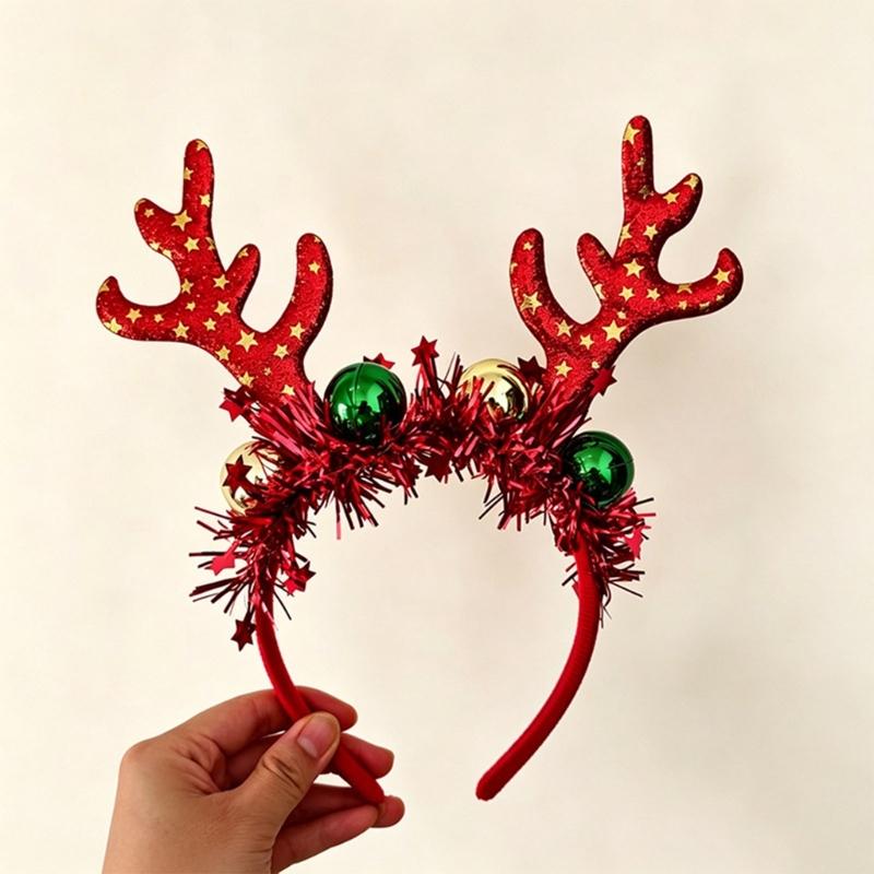 Holiday Reindeer Antler Headband with Wrapped Band, Shining Tinsel Detail and Festival Ball Design for Christmas DressUp