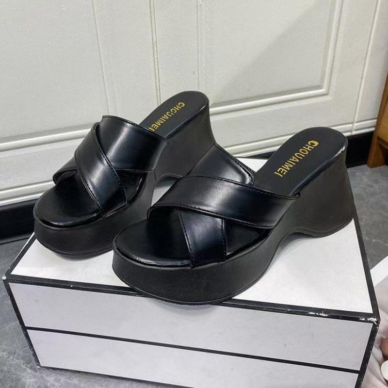 Platform Thick-soled Anti-slip High-heeled Cool Slippers for Women, Soft Leather Shoes
