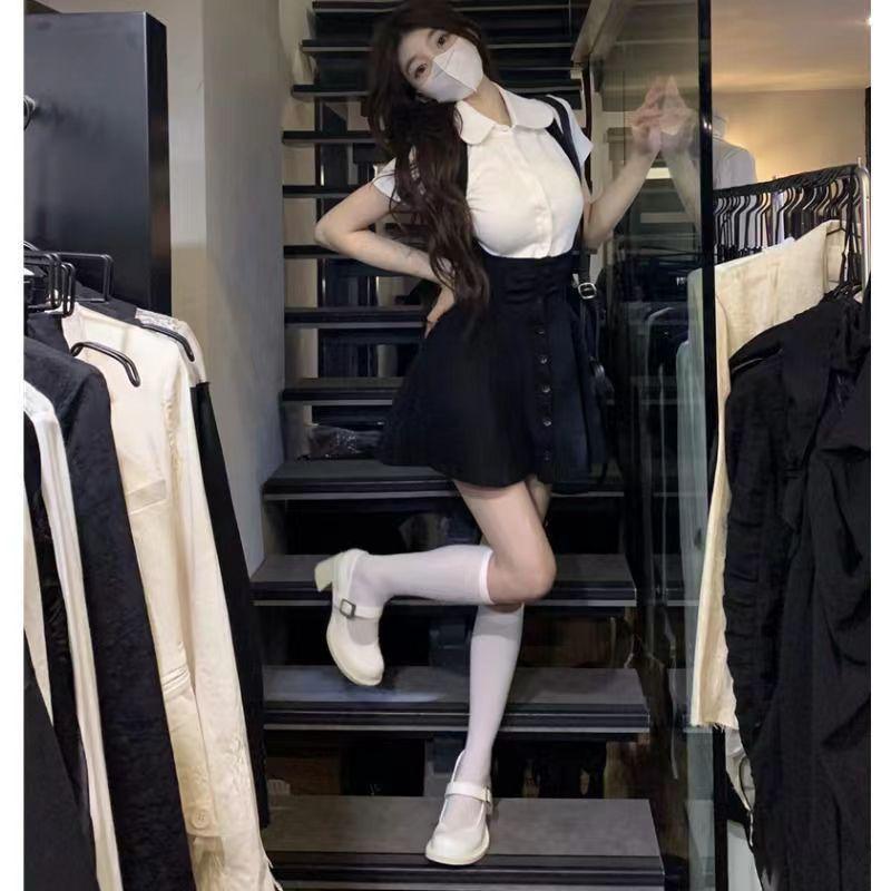 Black Slimming A-Line Mini Dress with High Waist Overalls for Women - Spring/Summer Collection