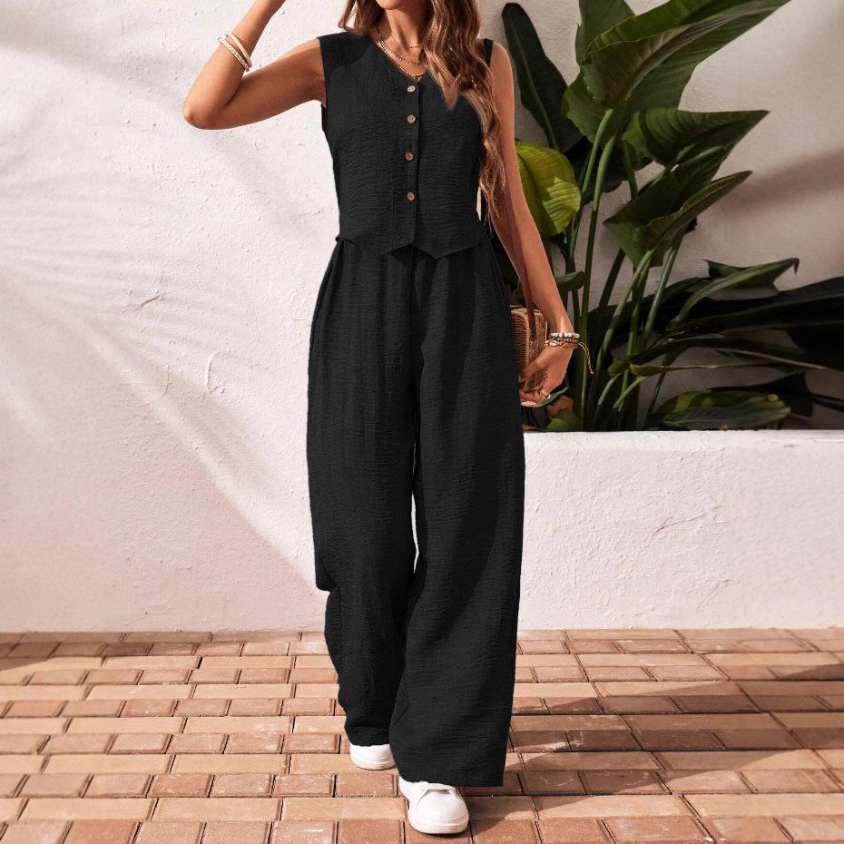 Summer Cotton Linen Women V-Neck Vest Front Button Vest Trousers Casual Suit Women Short Vest Top + Pants Two Peice Set