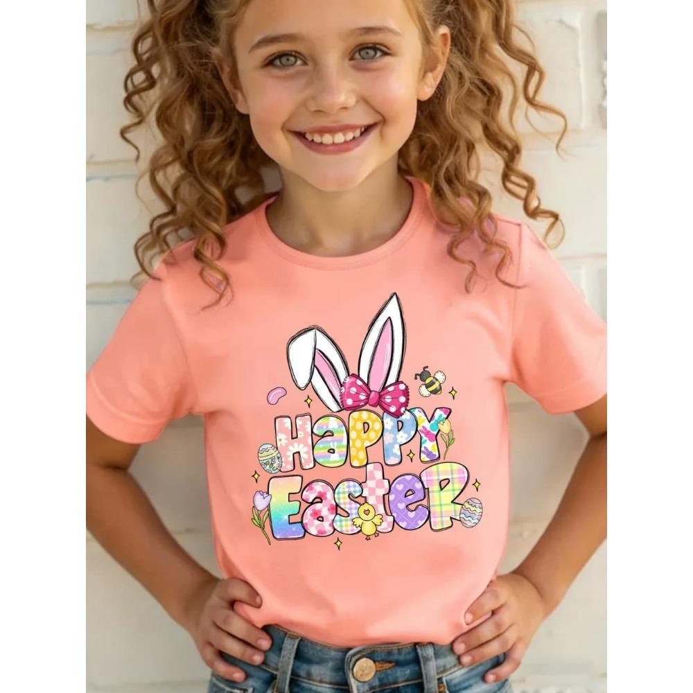 2026 Happy Easter T-Shirt for Girls Bunny Cute Rabbit Ear Letter Graphic Summer Tee Boys Girls Short Sleeve Children's Clothing