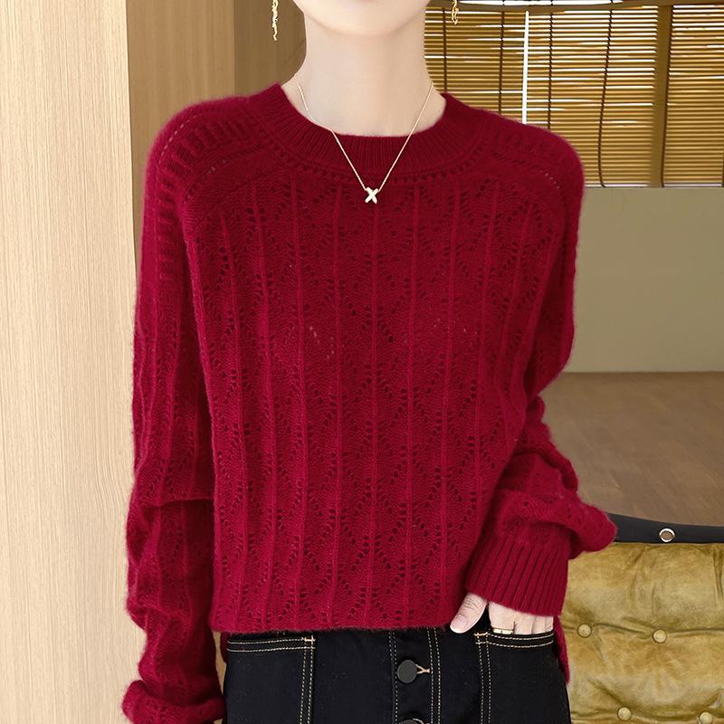 Women's Loose Wool Sweater - Half-High Neck, Diamond Cutout, Crocheted, 100% Pure Wool, Long Sleeve Knit