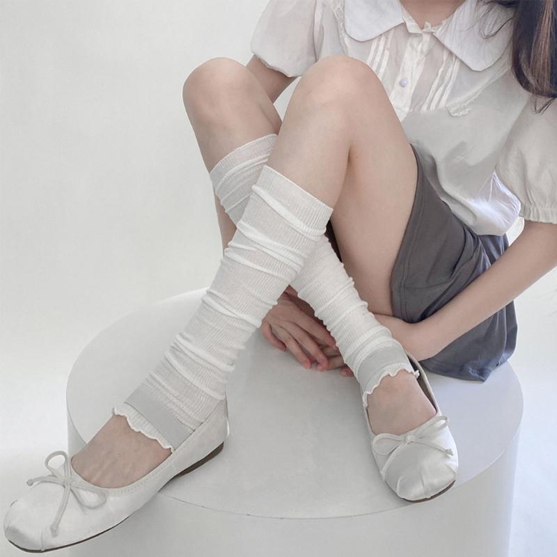 Women Spring Summer Sweet Ruffled Trim Calf Socks Leg Cover Japanese Style Frilly Slouch Socks Thin Middle Tube Stocking