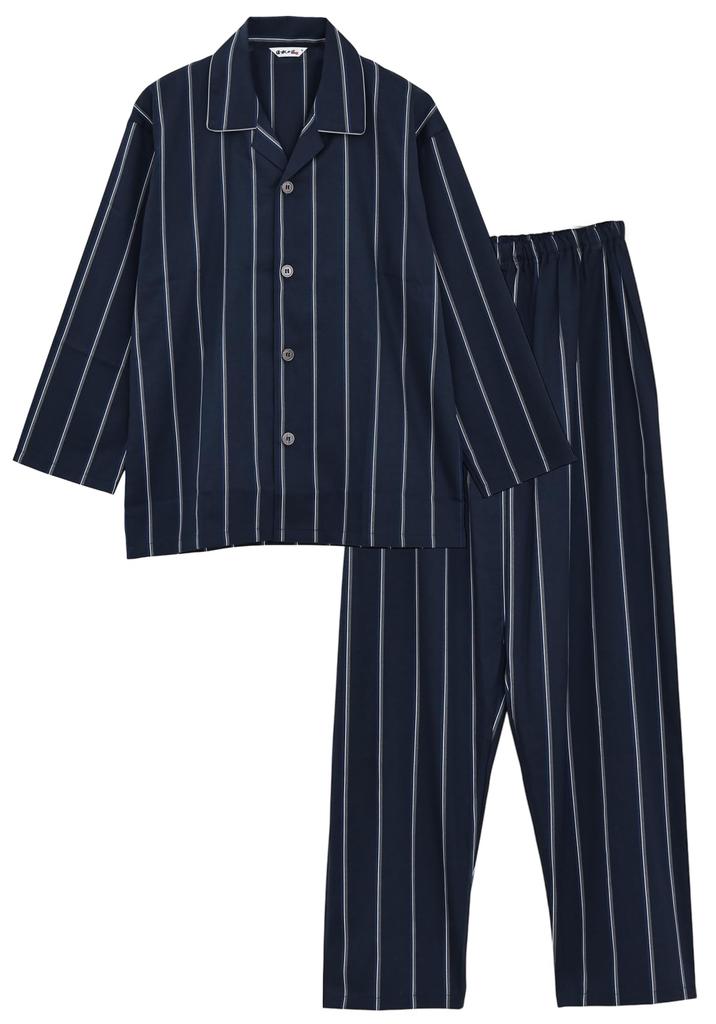Kaitak Family Pajama Made in Japan by Japanese Long Cotton Sizes Navy Men's Shirt, Craftsmen, Sleeve, 100% Satin, Striped, Spring/Autumn, M/L (L,