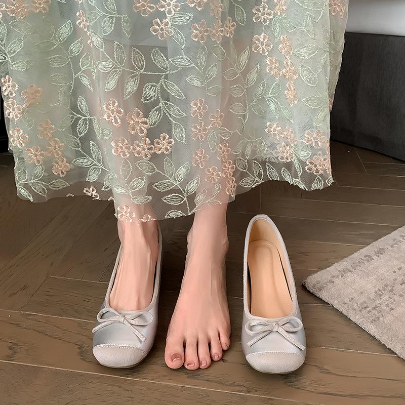 5Cm Small Inner Height Increase Ballet Shoes Women's Outer Wear Square Head Silver Single Shoes Bow 2024 Mary Jane