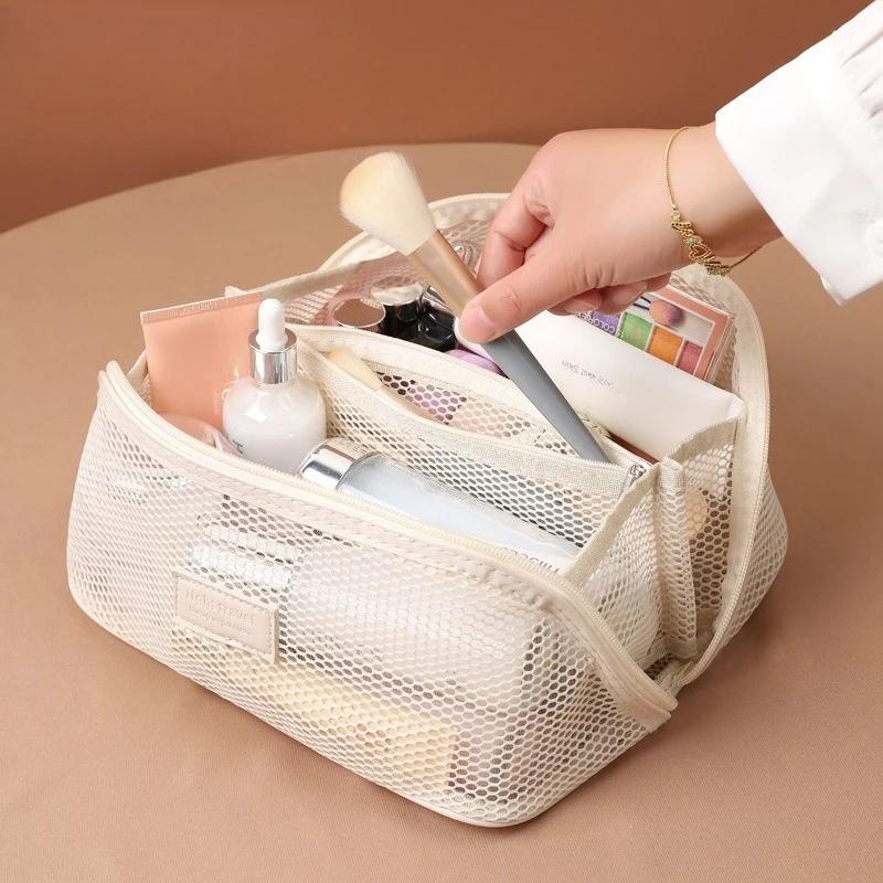 Mesh makeup bag, large capacity, high-end feel, hand-held multifunctional partition, travel, grooming, storage bag for women