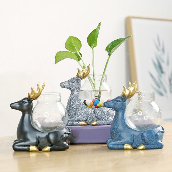 Tierfigur mit Vase, Teetisch, Mini-Blumenvase, Keramik, Hirsch und Katze mit Hydrokultur-Pflanzgefäß aus Glas für Zuhause, Schlafzimmer, Wohnzimmer, Dekoration