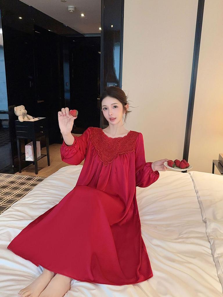 2026 French High-End Lace Cutout Long Sleeve Ice Silk Sleep Dress for Women