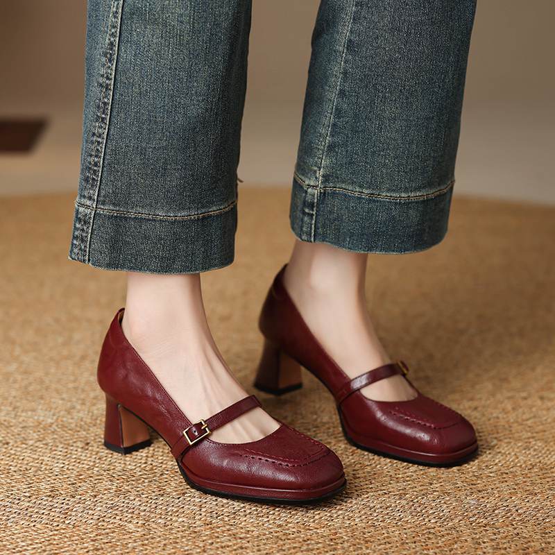 Krazing Pot Sheepskin Square Toe Size 40 High Heels Metal Buckle Decoration Fashion Gladiator Autumn Pumps