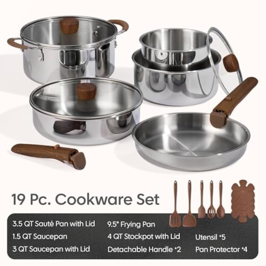 19pcs Stainless Steel Cookware Set with Detachable Handle Pots and Pans for Induction Cooking RV/Camping Use Removable Handle O