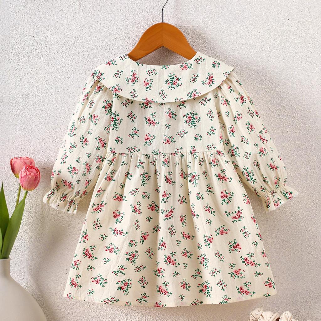 Girls Cotton Long Sleeve Floral Dress Baby Toddler Prairie Doll Collar Princess Party Dress For Spring And Fall