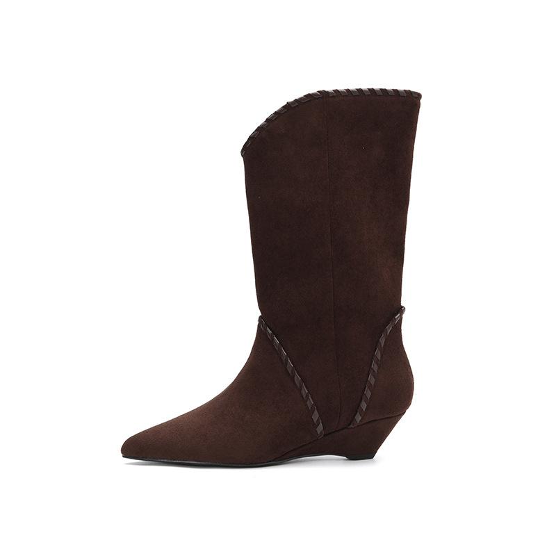 ~ Niche slope heel pointed flanged two wear pile boots short boots western cowboy boots women's 2025 medium boots