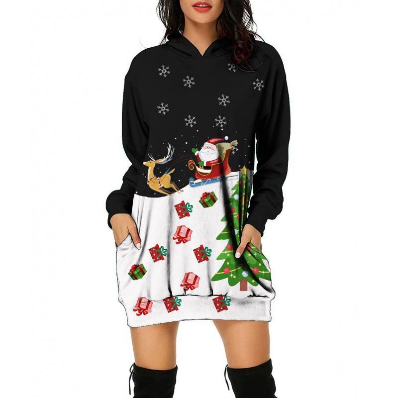 Women‘s Round Neck Long Sleeve Loose Fit Hoodie Dress 3D Print Casual Gown