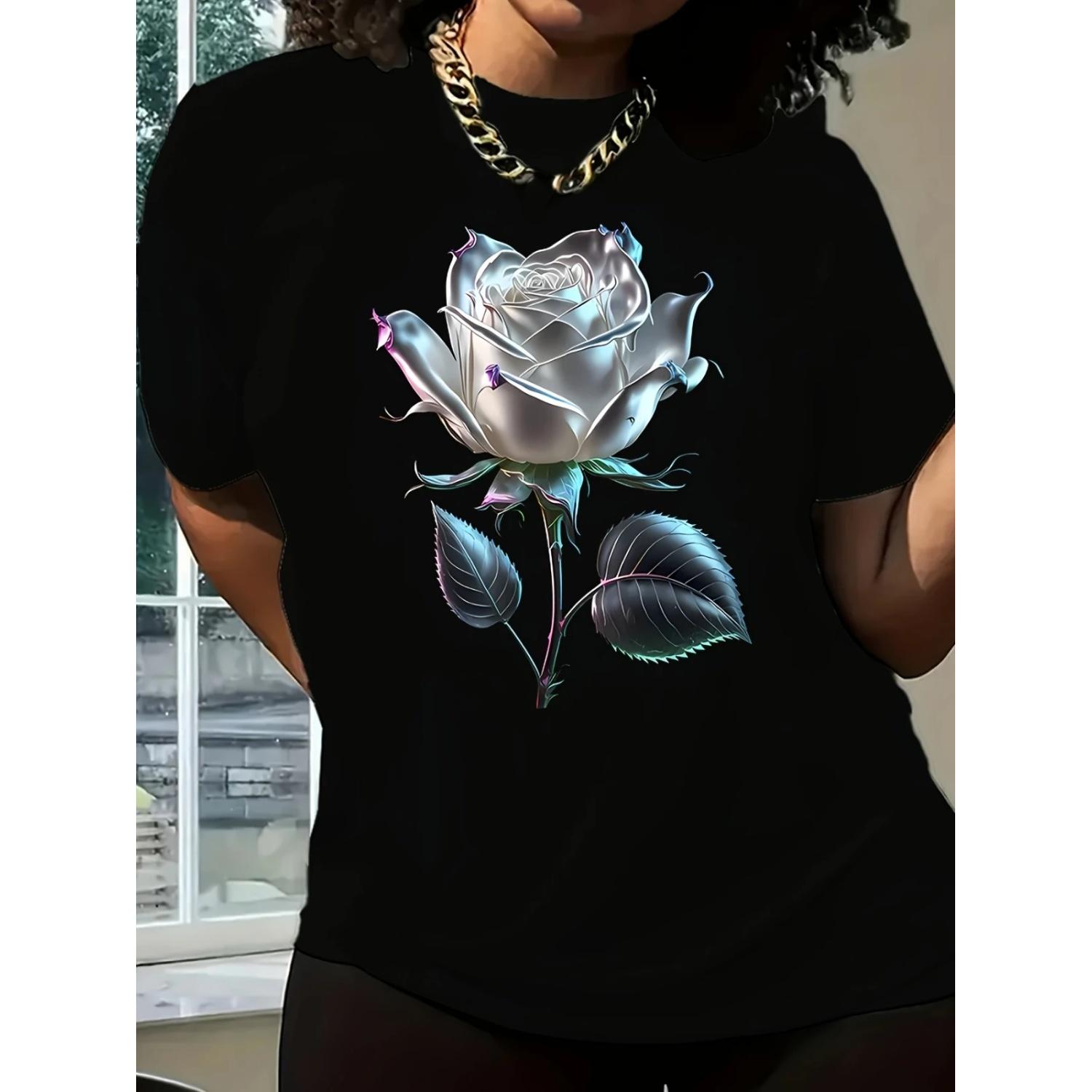 

Rose print short-sleeved round neck T-shirt for women spring and summer S