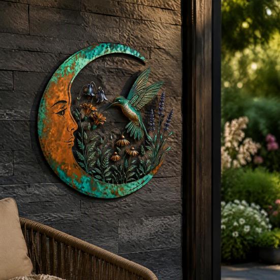 Vintage Style Porch Art Crescent Moon Wall Art, Fairy Witch Bee Dragonfly Iron Hanging Metal Decor Decor, Sculpture for Garden Patio Indoor