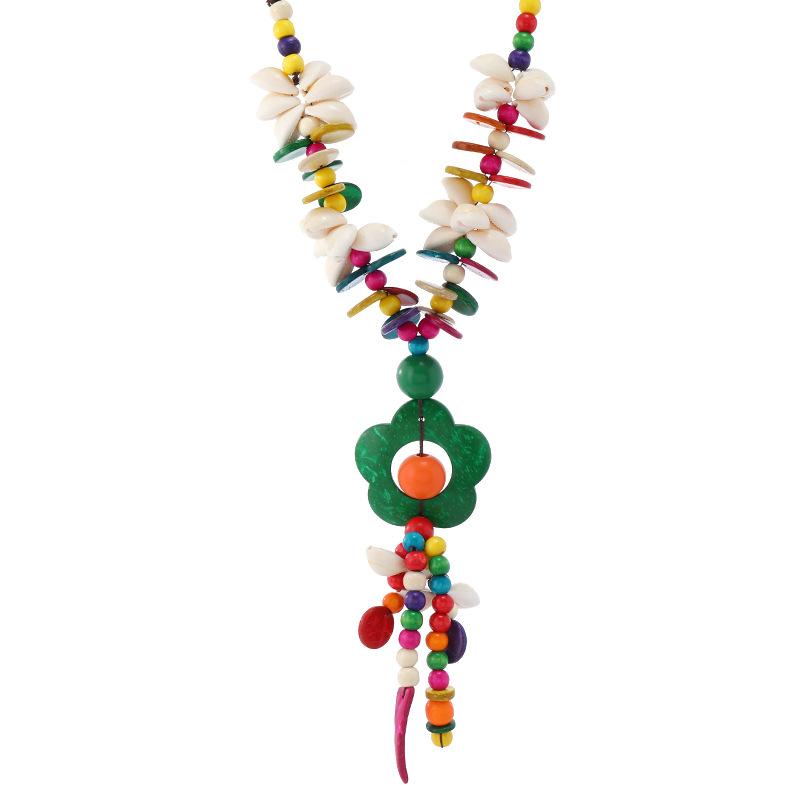 Bohemian Colored Coconut Shell Necklace Holiday Style Long Wooden Handmade Sweater Chain Women's Accessories