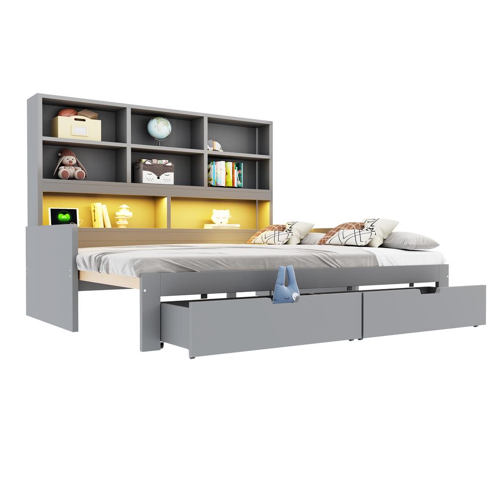 Wooden Sofa Bed 90/180 x 200 cm, Pull-Out Bed, LED Lighting, Youth Bed Frame With Sockets, Open Storage Compartments and Drawers, Grey