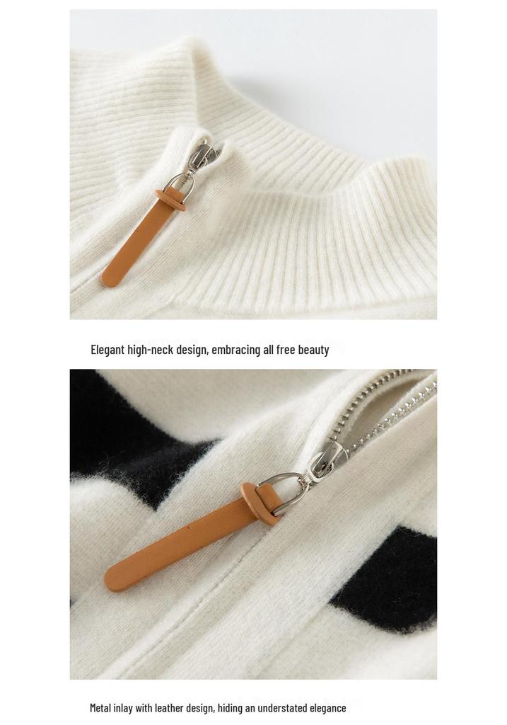 Women's Striped High-Neck Cashmere Half-Zip Sweater