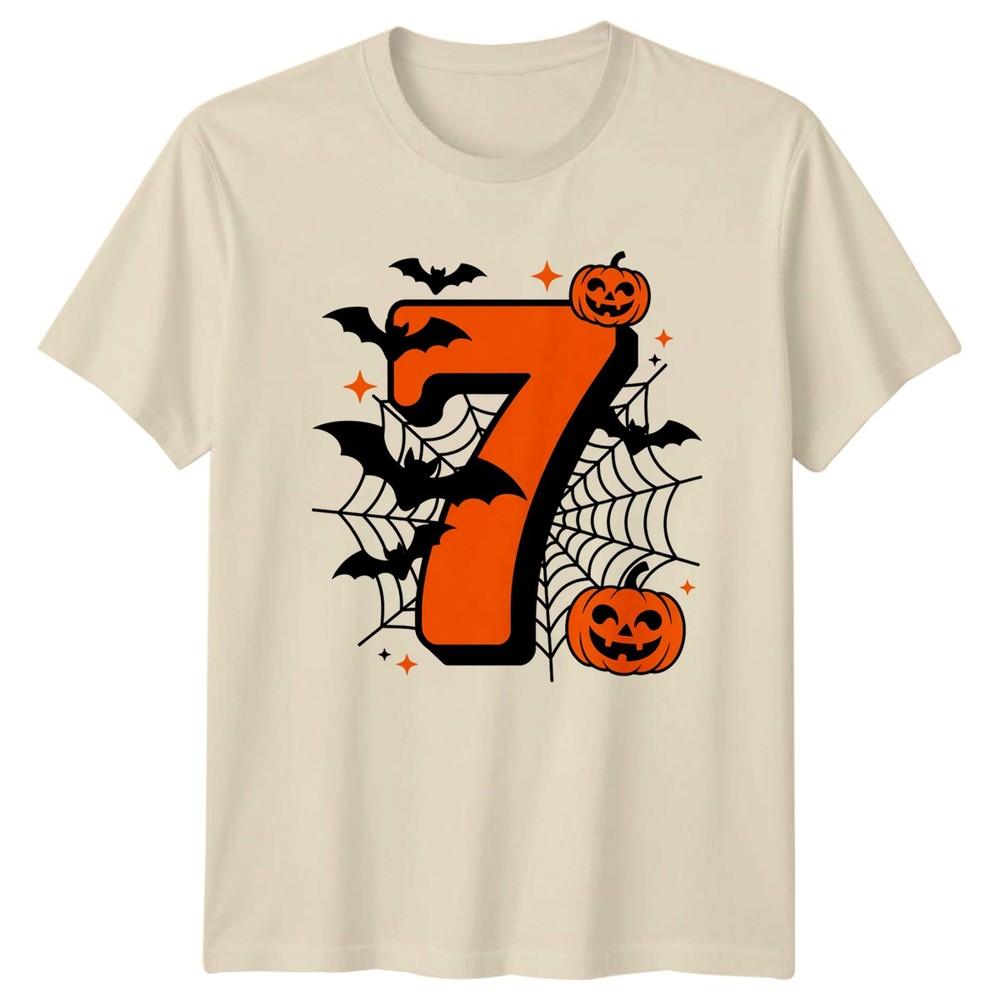 7th Birthday Halloween Unisexs Unisexs Graphic Tee Number Seven Party Bat Pumpkin