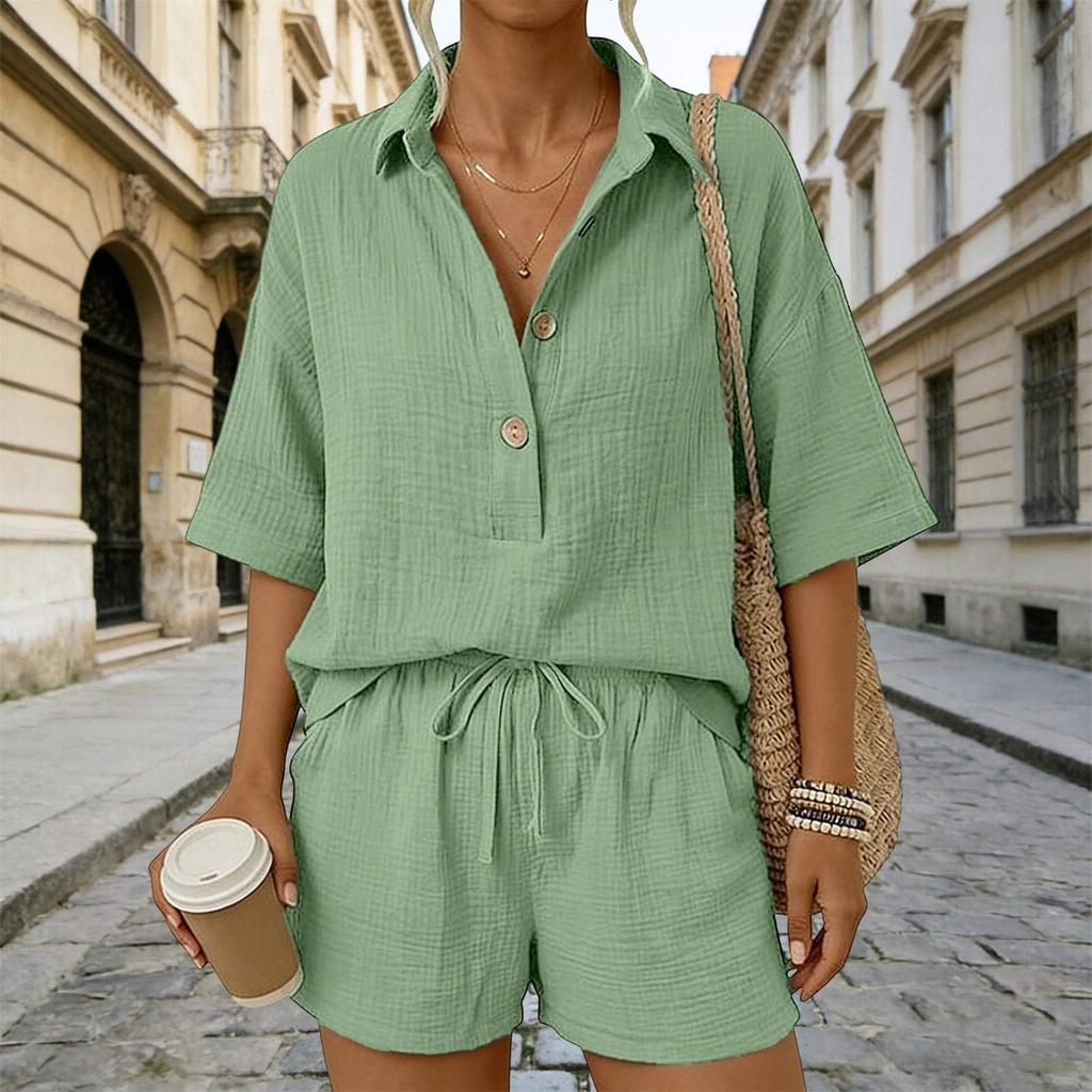 Women Casual Two Piece Set Lightweight Button Down Shirt and Drawstring Waist Shorts Relaxed Fit Summer Outfit