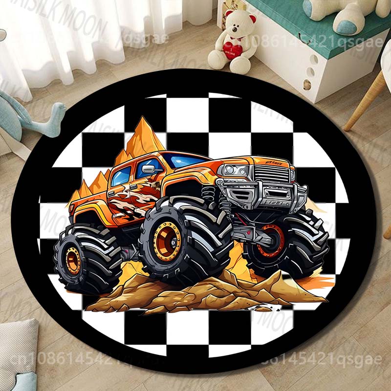 1PC Cartoon Monster Truck Print Round Carpet for Living Room Rugs Flannel Anti-Slip Rug for Bedroom Sofa Table Home Area Rug