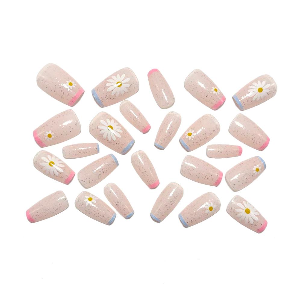 Medium-length European Square Style Explosive Nail Art Glitter Fragments Summer Fresh French Daisy Manicure Pieces Fake Nails