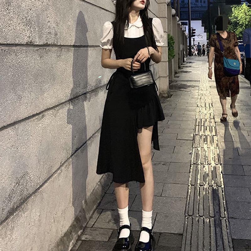 New Women's Clothing College Style Long Dress Spice Girl Suit Small Black Dress Irregular Strap Dress Summer