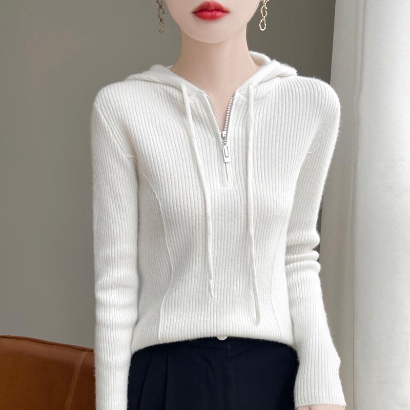 Women's Wool Zipper Hooded Knit Sweater - Casual & Versatile Slim-Fit Ribbed Base Layer for Autumn/Winter