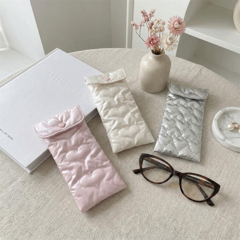 PU Bow Sunglasses Pouch Quilted Satin Heart Embossed Eyeglasses Storage Case Snap Button Portable Lightweight