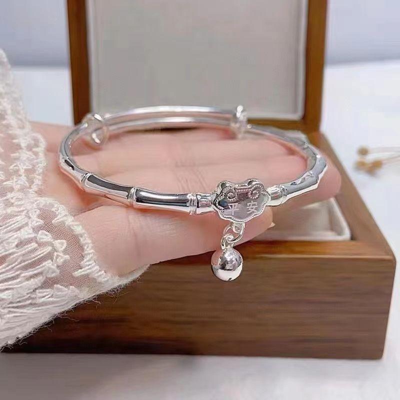 Zuyin 999.9 National Style Safe Ruyi Lock Bag Bamboo Knot Push Pull Bracelet Pure Silver Solid Ruyi Lock Valentine's Day Gift