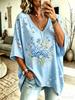 Camiseta casual de mujer con cuello en V, top holgado de manga corta con estampado navideño