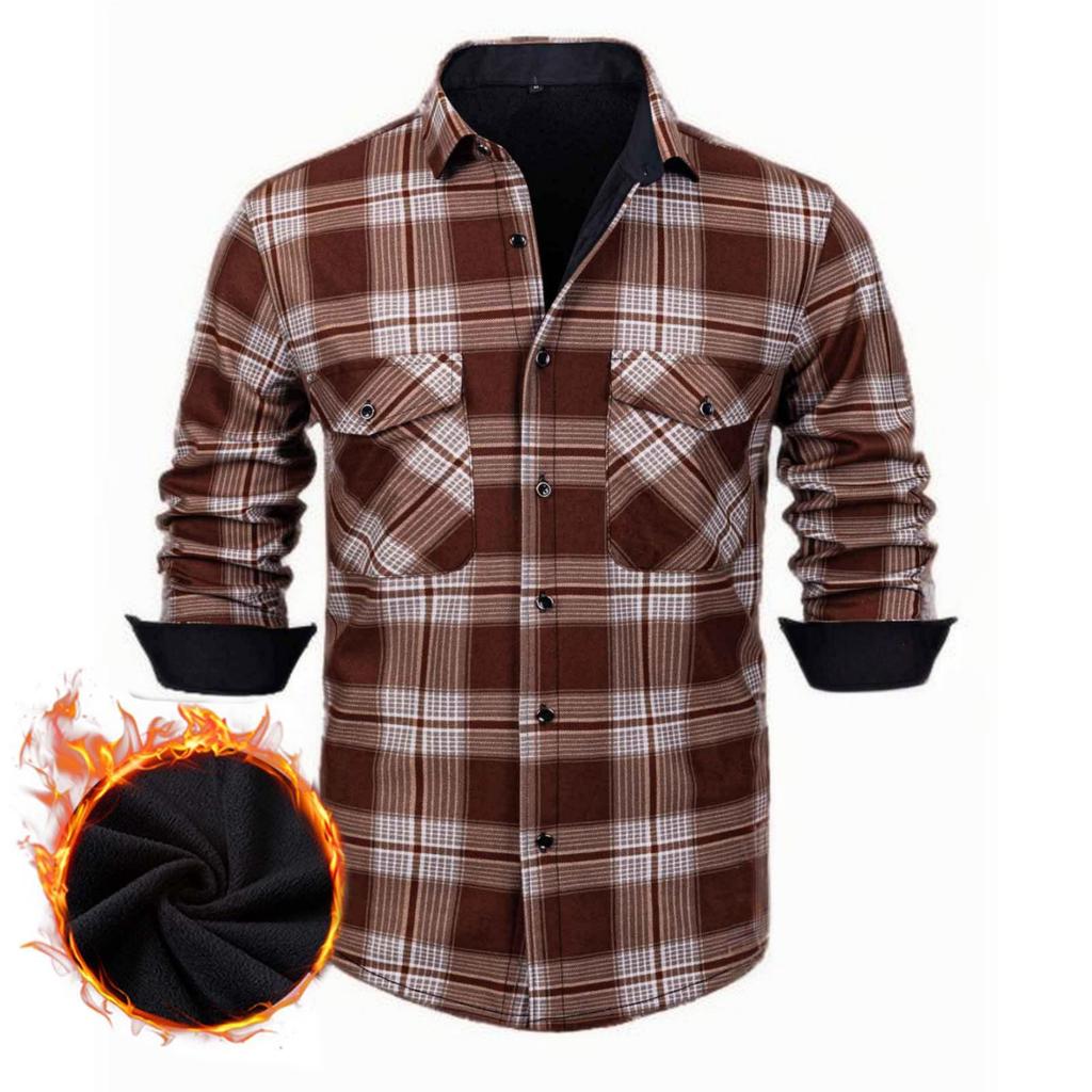 Men's Casual And Trendy Checked Button Cardigan, Men's Lapel Long-sleeved Inner Fleece Warm Coat