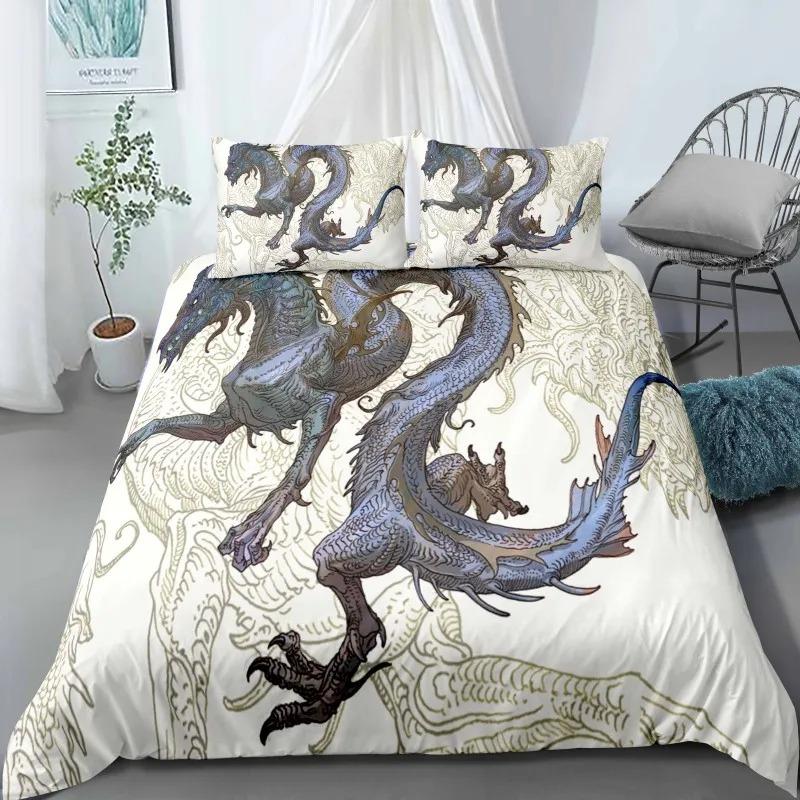 Comforter Dragon King Queen Japanese Exotic Bedding Set Ancient Mythical Animal Comforter 2/3Pcs Polyester