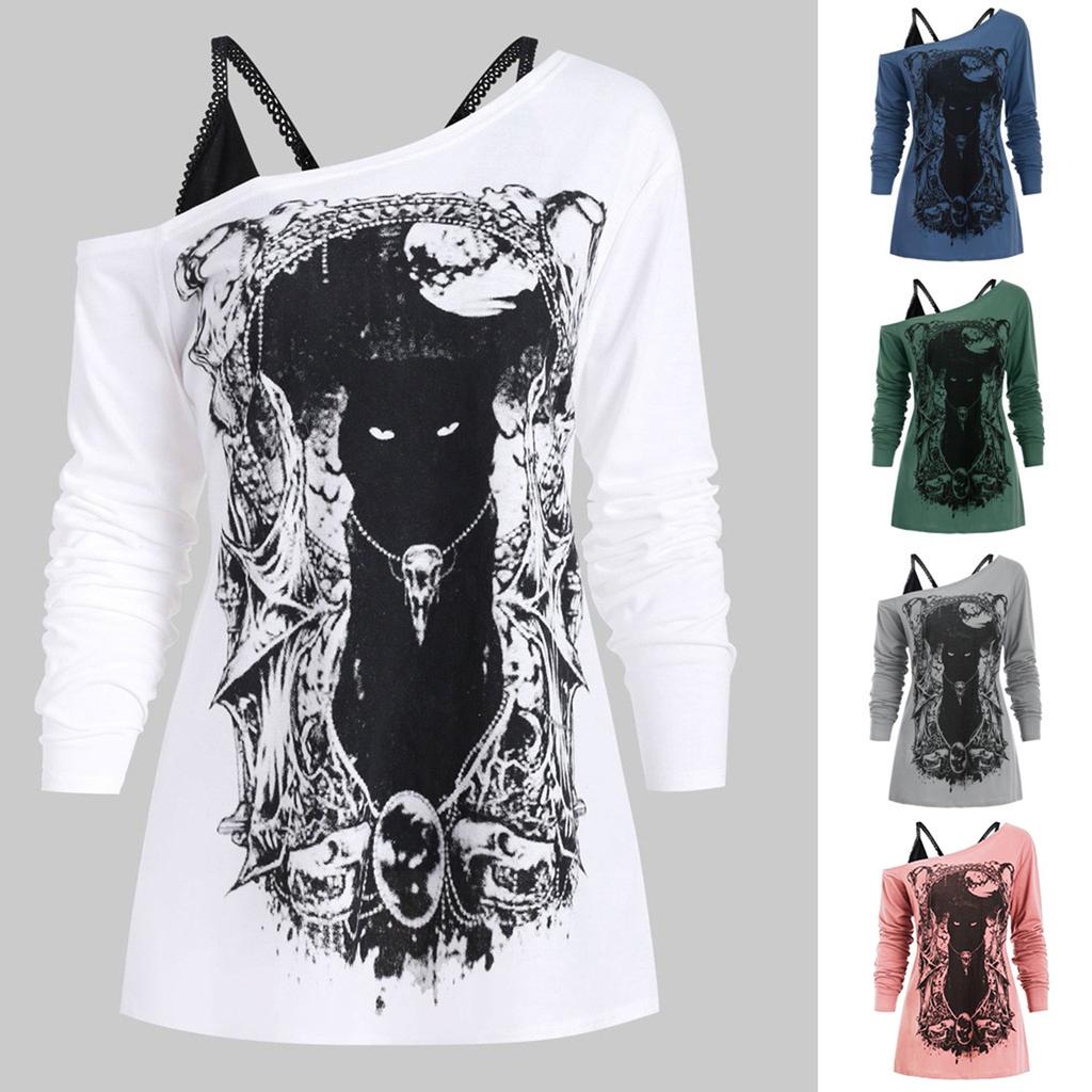 Fashion Women Skew Neck Cold Shoulder Cat  Print Gothic Tee With Cami Top