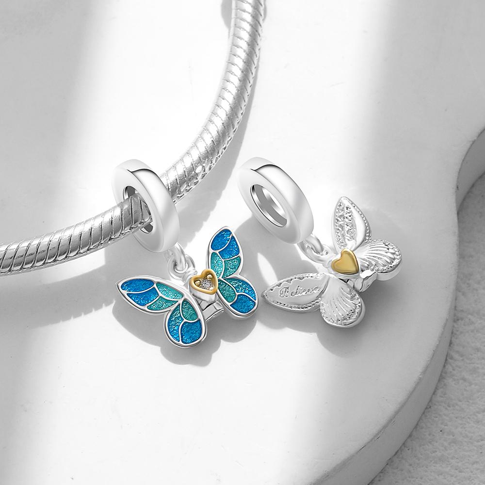 Spring Series Butterfly Pendant Clip Beads Earrings 925Silver Colored Inlaid Stone Fit Exquisite Bracelet Women DIY Jewelry Charm