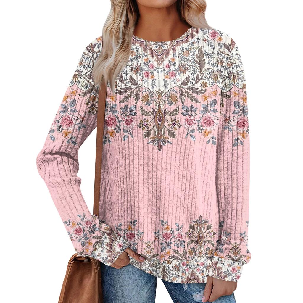 Women's Printed Lightweight Brushed-Cotton Round Neck Top