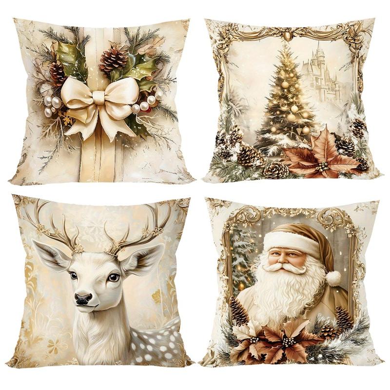 4pcs Vintage Christmas Santa Deer Tree Bow Throw Pillow Covers Golden Holiday Decorative Pillowcases for Sofa Couch Home Decor