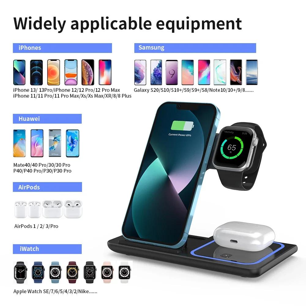3-in-1 30W Wireless Fast Charger Stand With LED Light Foldable Charging Station For Phone Watch Pods Android