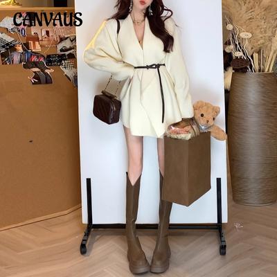 Spring and Autumn Women's Jacket Fashion Gentle Temperament Lapel Medium Long Knitted Cardigan with Belt
