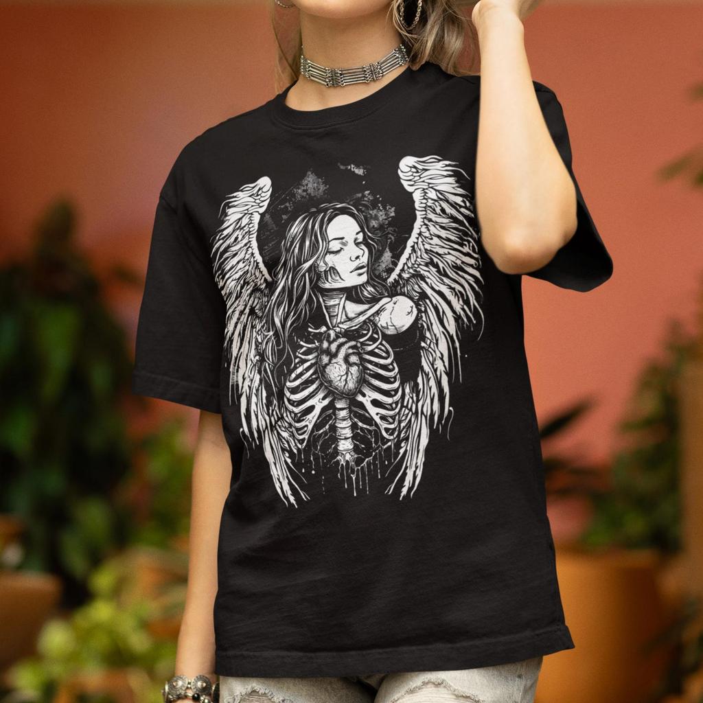 Dark Feminine Anatomical Angel T Shirt: Gothic Fallen Angel Skeleton Occult Art Tee