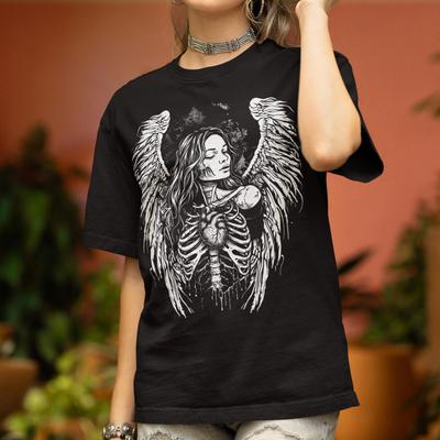 Dark Feminine Anatomical Angel T Shirt: Gothic Fallen Angel Skeleton Occult Art Tee