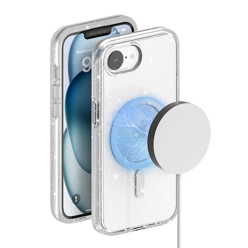 For iPhone 16e Magnetic Case Support Wireless Charging Glitter Powder PC + TPU Phone Cover
