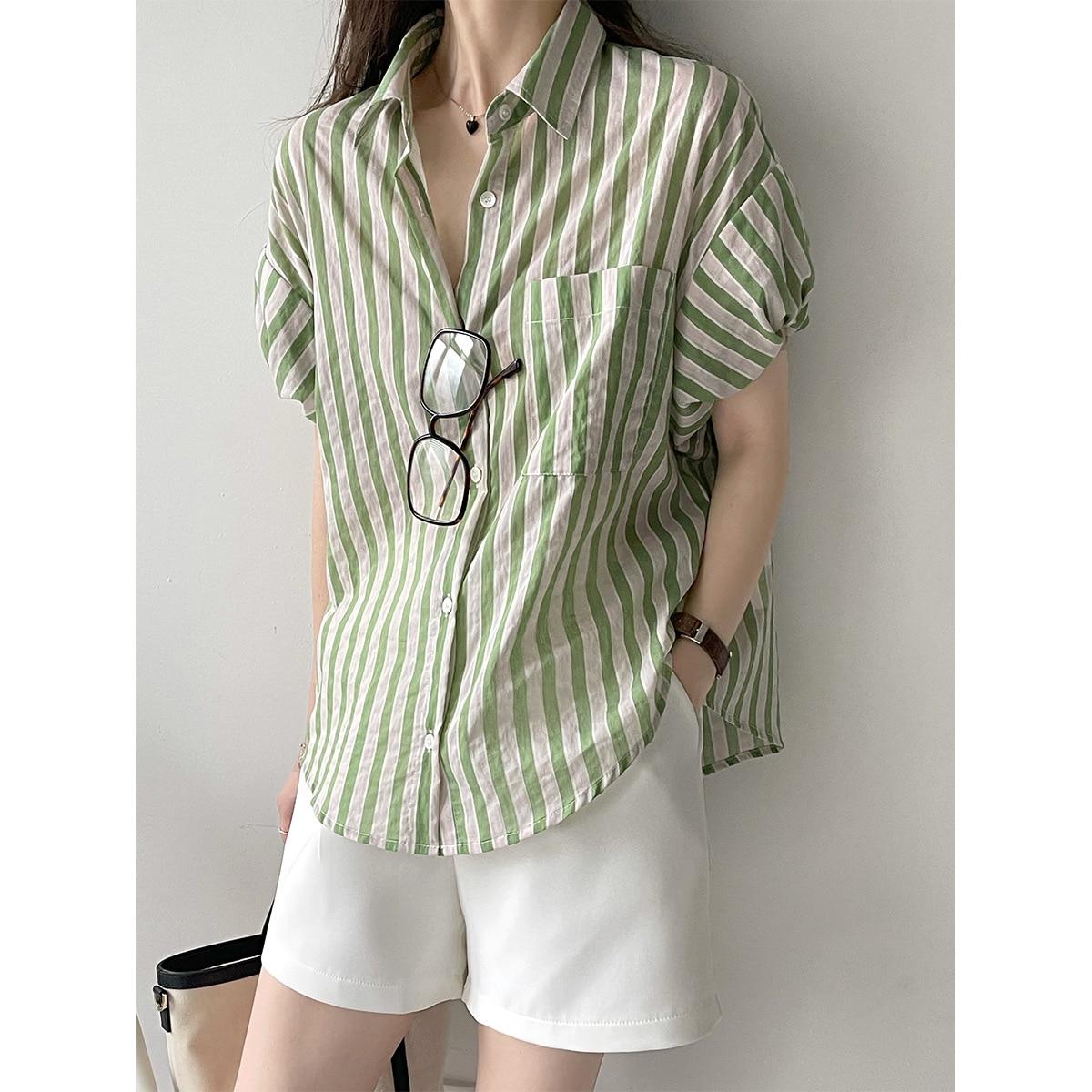 

Весна 2023, рубашка-поло с воротником, летняя свободная блузка с короткими рукавами, полосатая рубашка с заниженными рукавами и рукавами, элегантный дизайн, Blusas 27529 S восторг