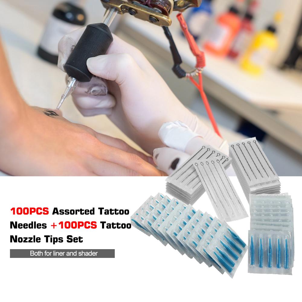 

100 шт. Ассорти одноразовых стерилизованных игл для татуировки RL RS иглы + 100 шт. пластиковая насадка для татуировки разноцветный