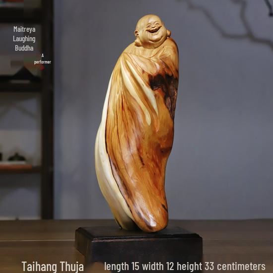 Intaglio Radice di Legno di Cipresso di Scogliera: Ornamento Daruma Maitreya Buddha in Legno Massello in Zafferano Dorato e Legno di Rosa Nanmu.