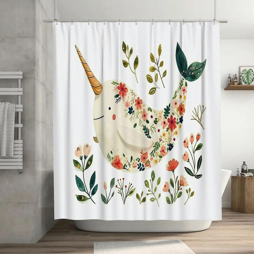 Creative Unicorn Shower Curtain with Fresh Floral Design for Bathroom Decor Waterproof Fabric Printed Linen Bath Mats Home Acces