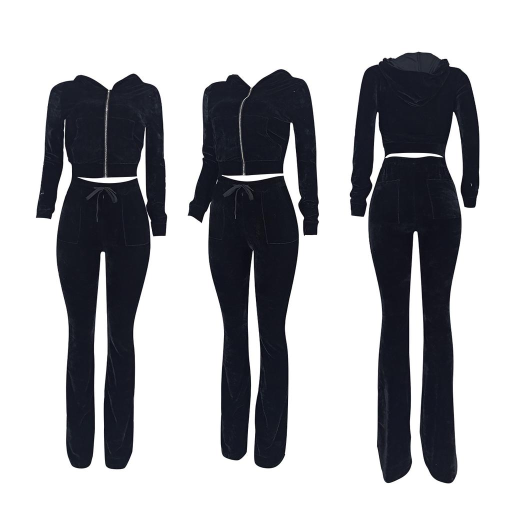 Women's Casual Color Hooded Zipper Top Wide Leg Pants Suit