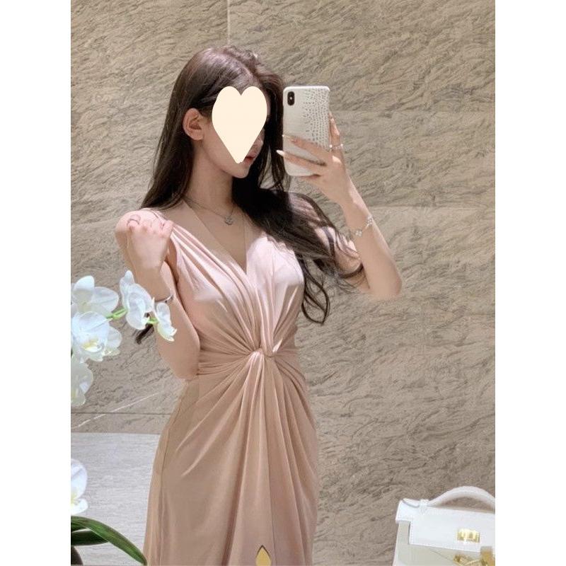 French style temperament kink V-neck sleeveless dress summer new waist slim hip wrap dress